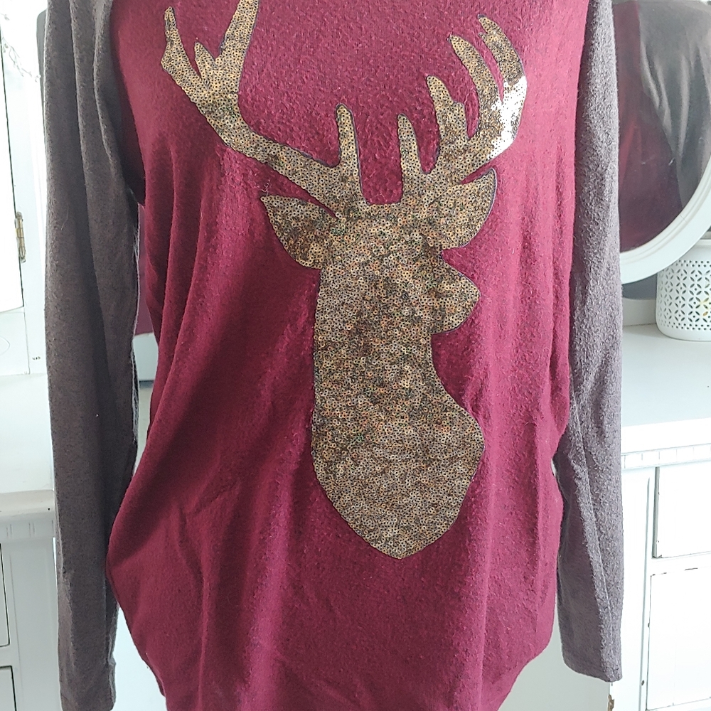Women's Burgundy and Brown Sweater with Gold Deer Design